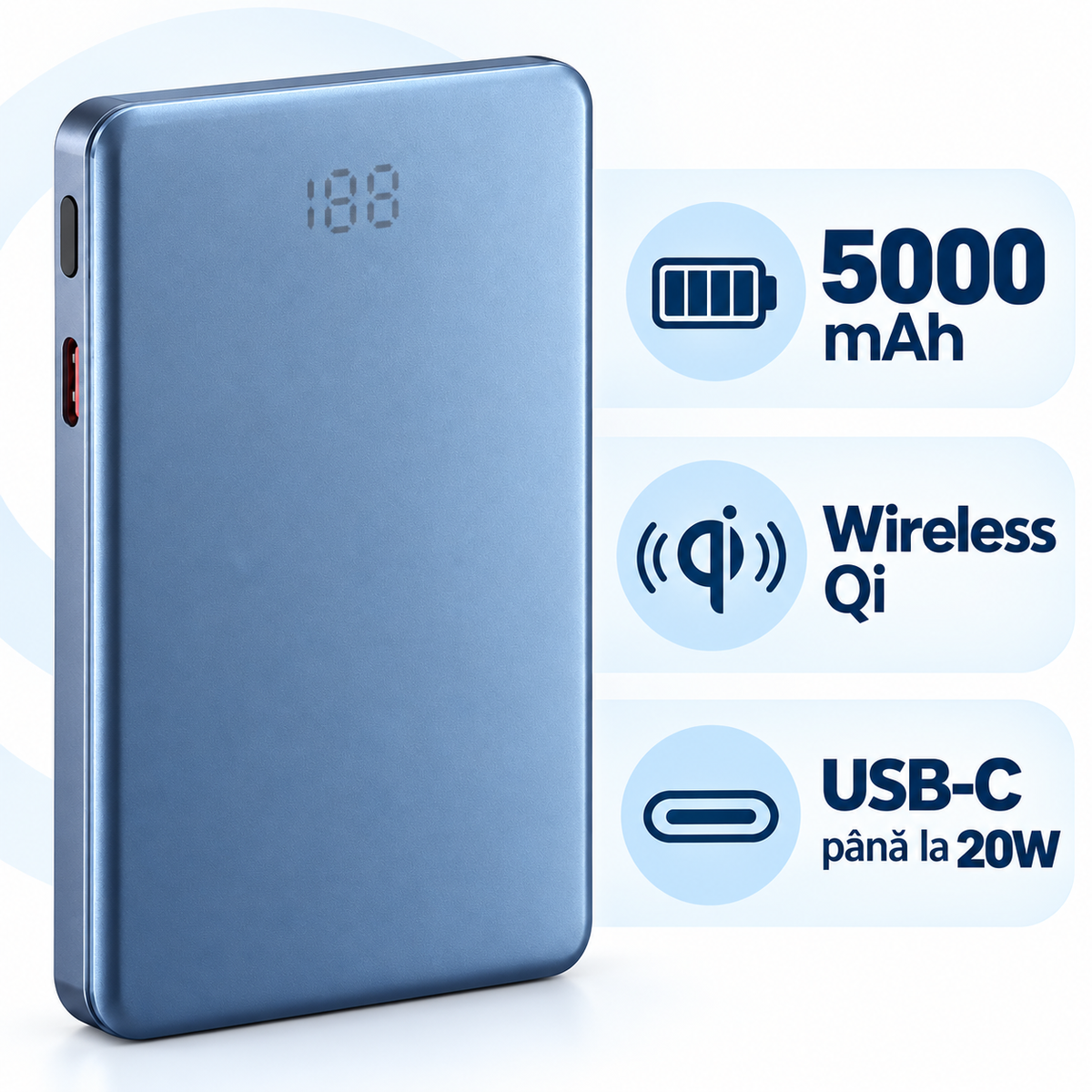 Capacitate 5000 mAh, Wireless Qi și USB-C până la 20 W