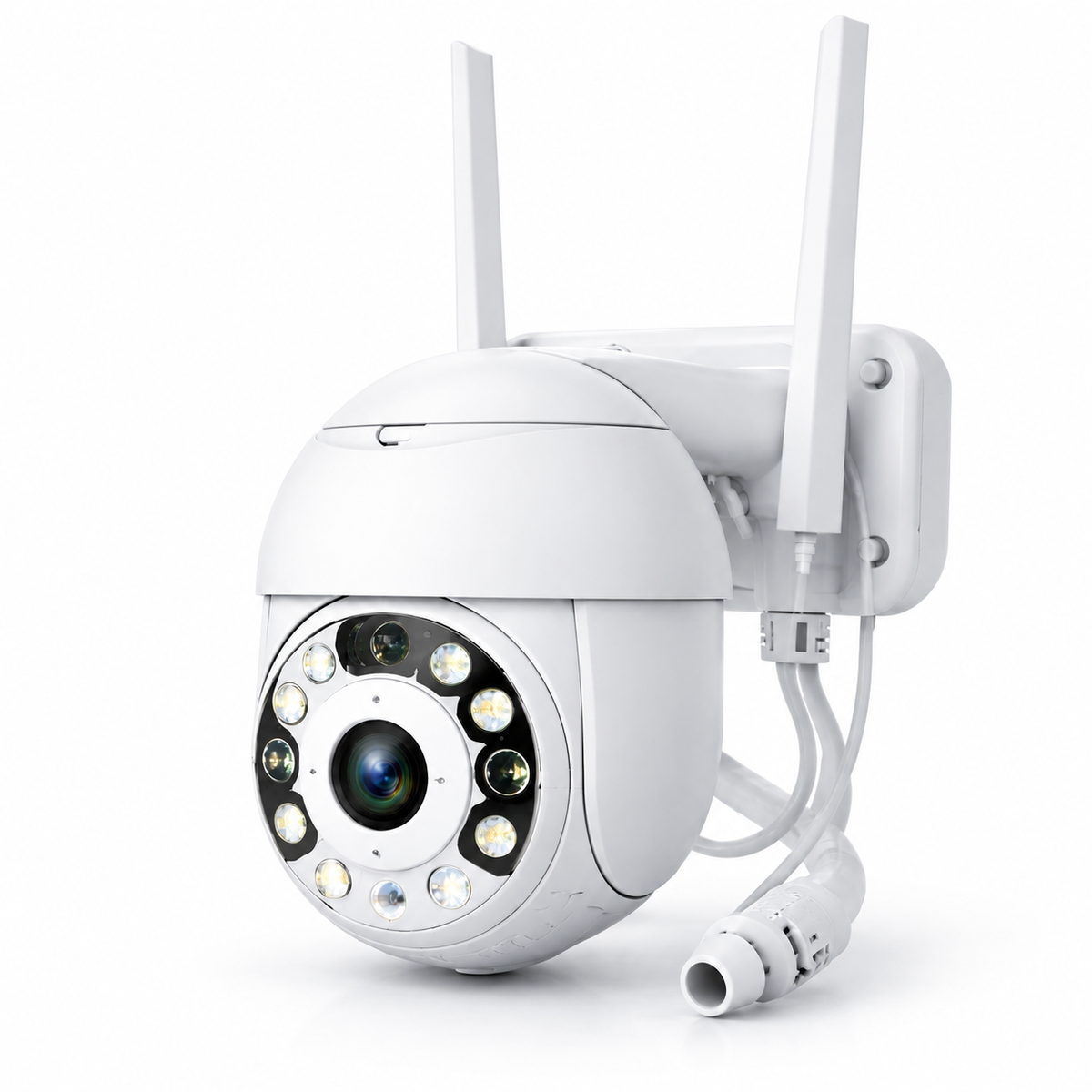 Cameră WiFi S-Eye PTZ de exterior, albă, cu două antene și suport de perete