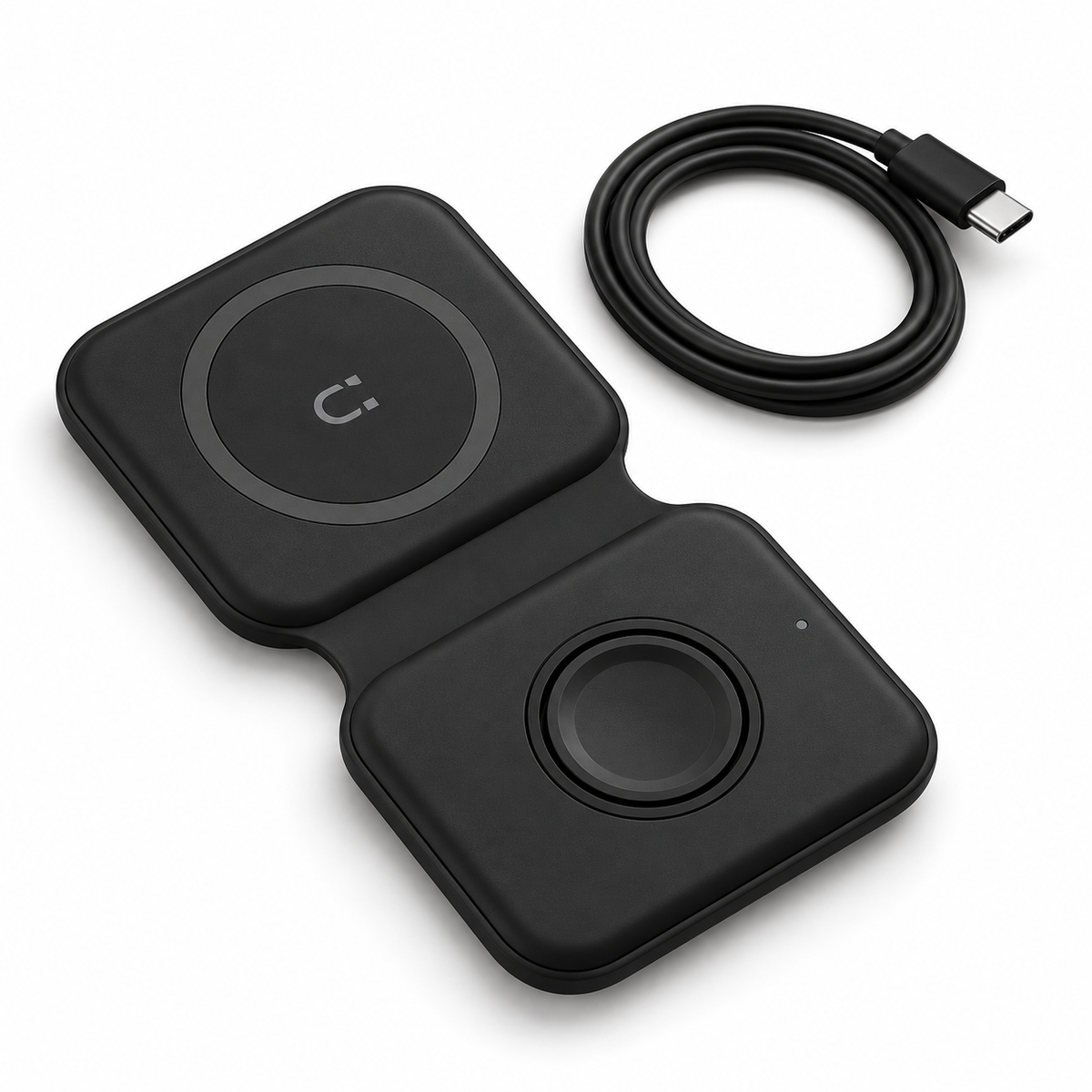 Încărcător wireless S-Eye DuoFold 2-în-1 negru, cu cablu USB-C, pe fundal alb
