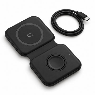 ⚡ Încărcător Wireless 2-în-1 S-Eye DuoFold 15W – Telefon + Apple Watch/AirPods, Pliabil, USB-C