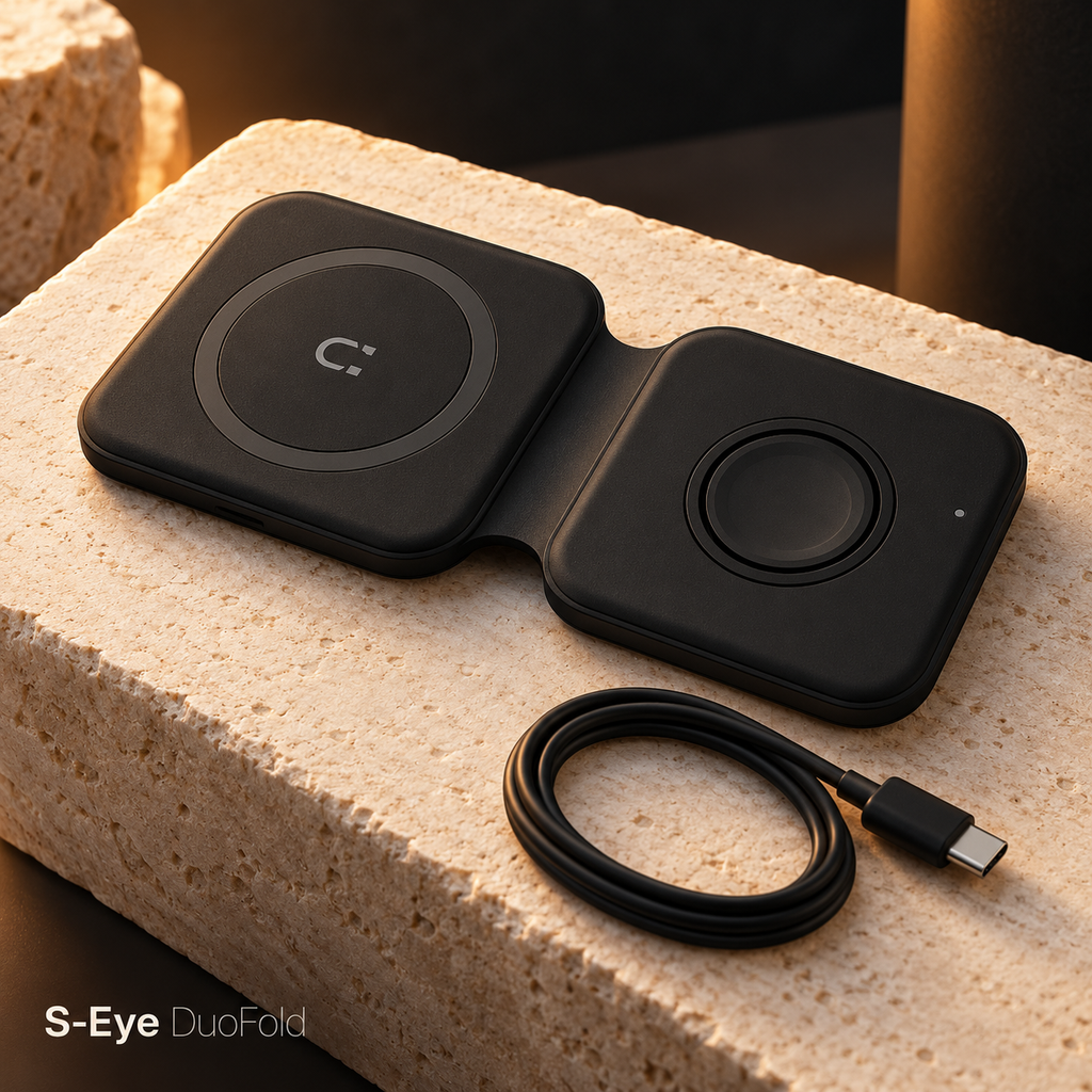 S-Eye DuoFold negru, prezentare premium pe piatră deschisă