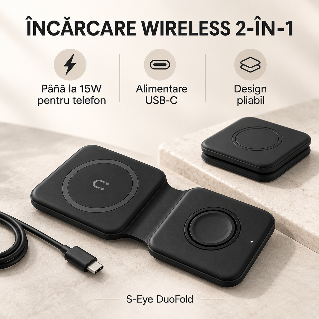 Încărcător S-Eye DuoFold, încărcare wireless de până la 15W și alimentare USB-C