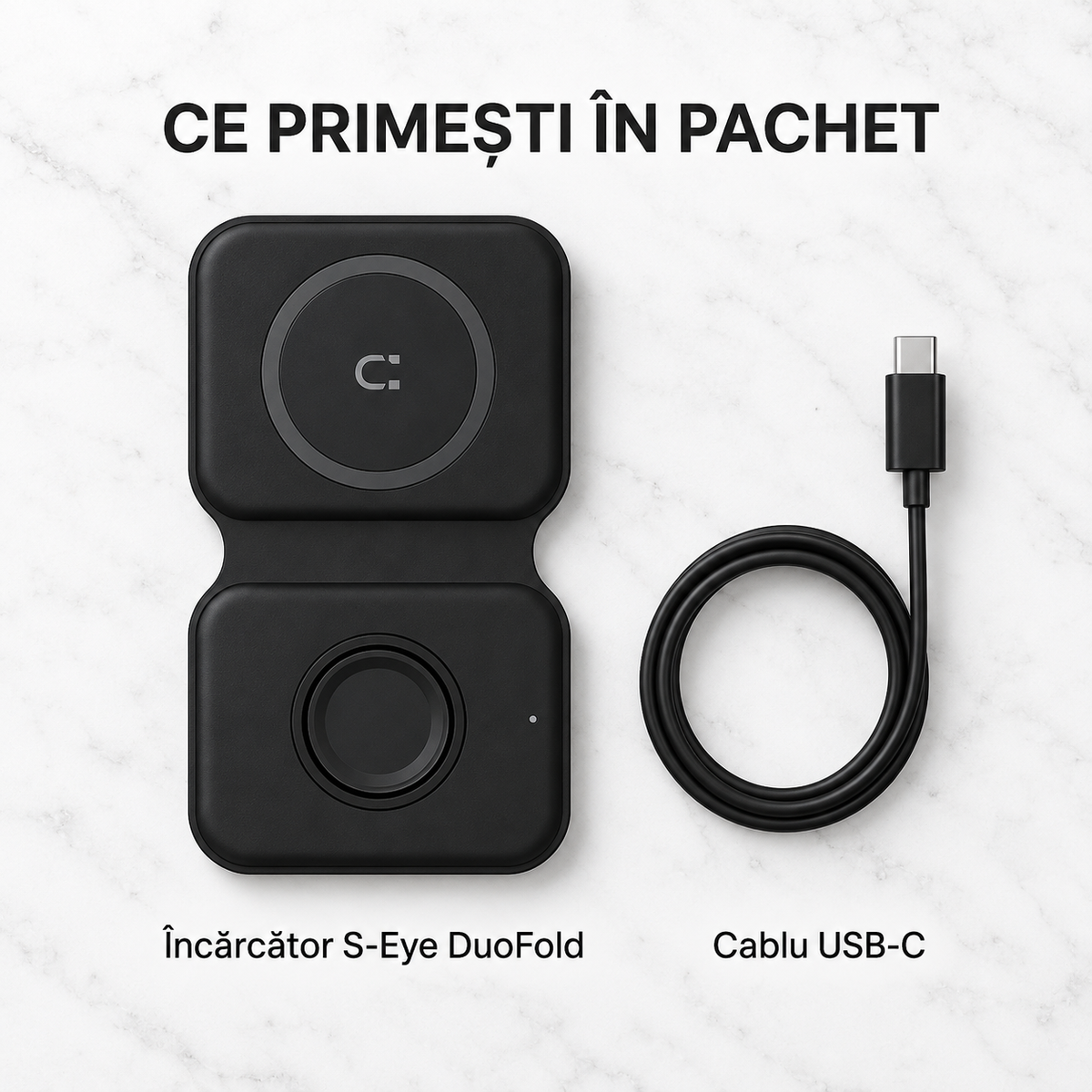 Conținut pachet S-Eye DuoFold: încărcător pliabil și cablu USB-C