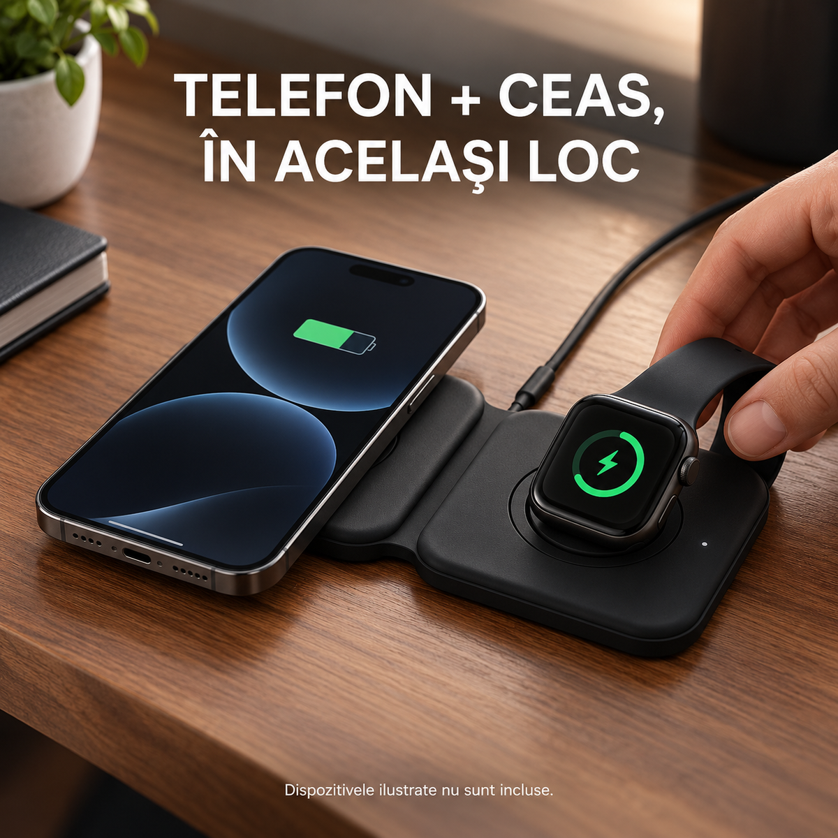 Telefon și Apple Watch așezate pe cele două zone ale încărcătorului S-Eye DuoFold