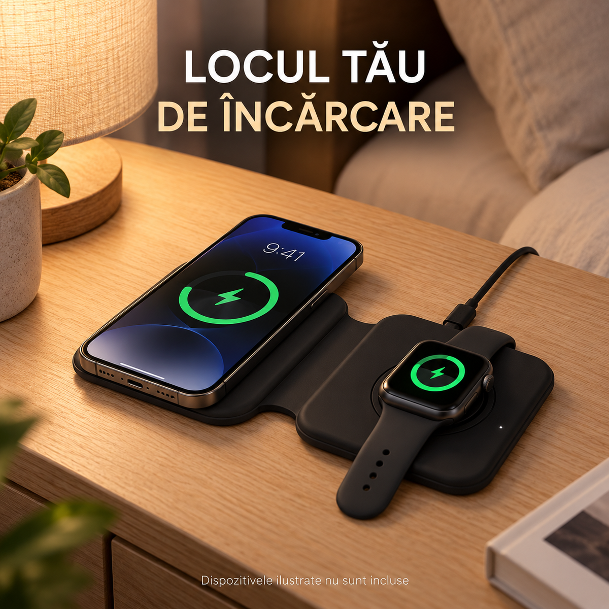 Încărcător S-Eye DuoFold pentru telefon și ceas pe noptieră