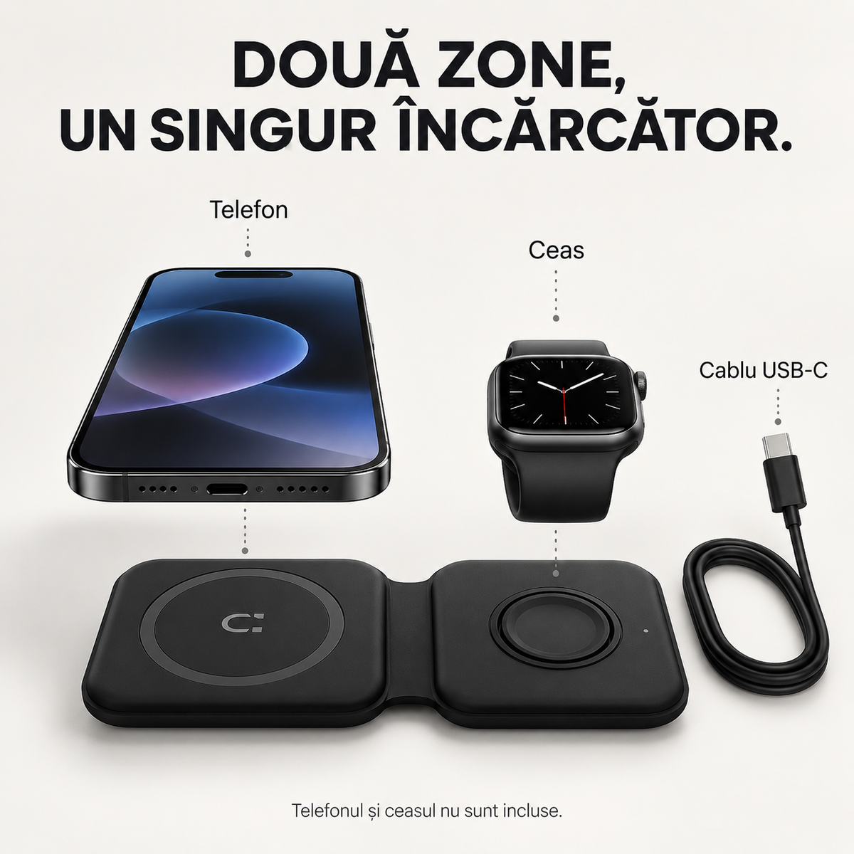 S-Eye DuoFold, cablu USB-C și zone de utilizare prezentate separat