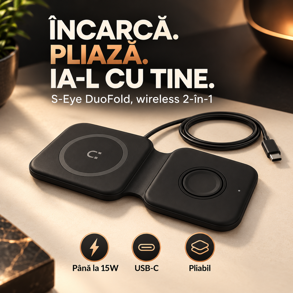 Reclamă S-Eye DuoFold: încărcător wireless 2-în-1 compact și pliabil