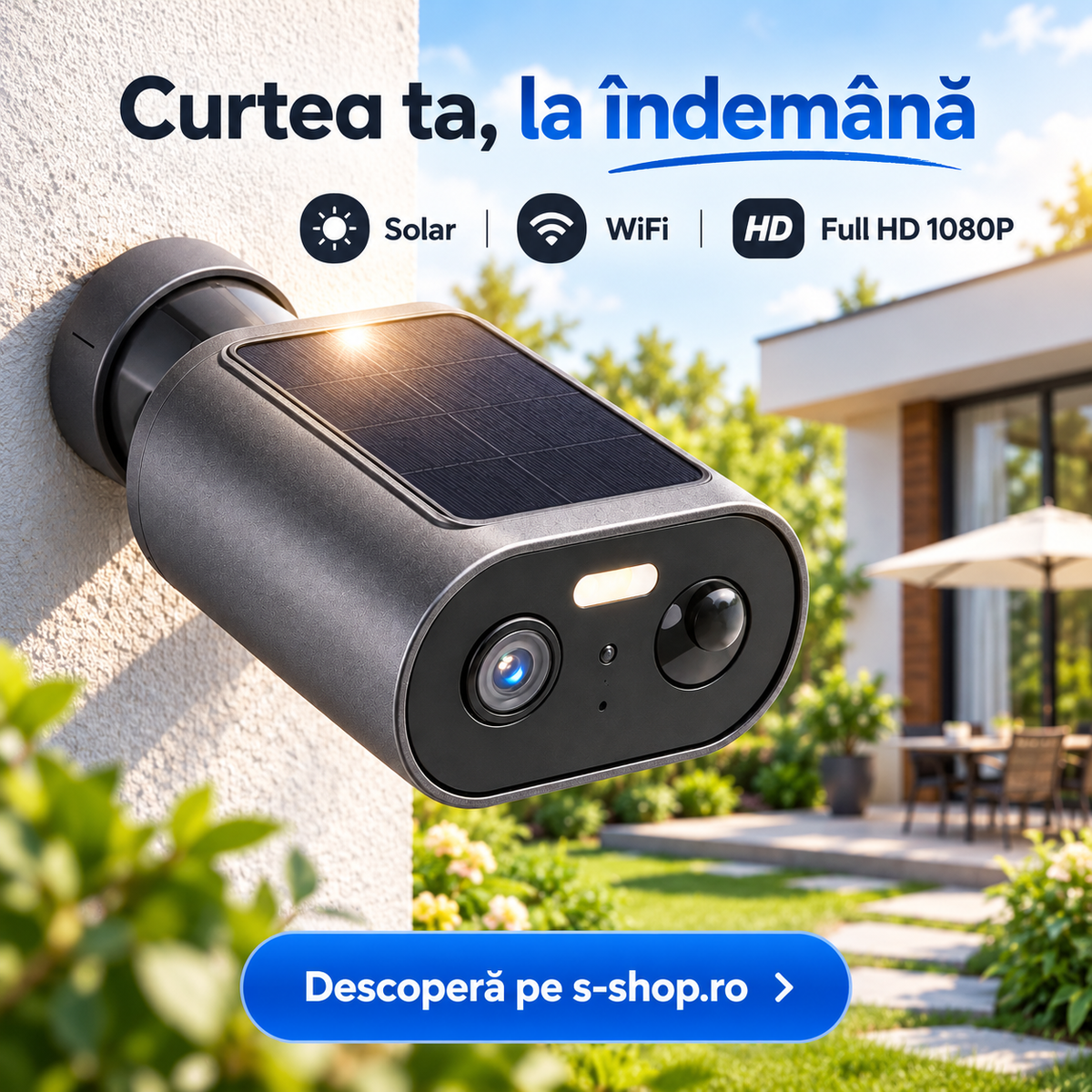 Cameră solară S-Eye WiFi 1080P, metaads