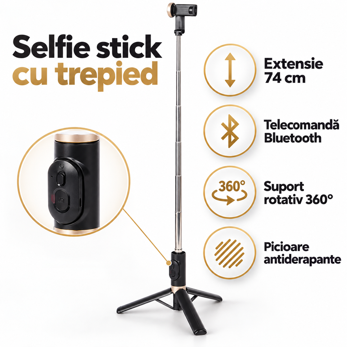 Selfie stick cu trepied și telecomandă Bluetooth 74 cm technicalproduct