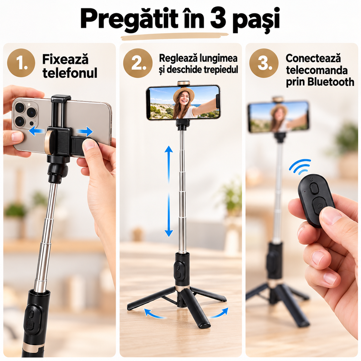 Selfie stick cu trepied și telecomandă Bluetooth 74 cm installation