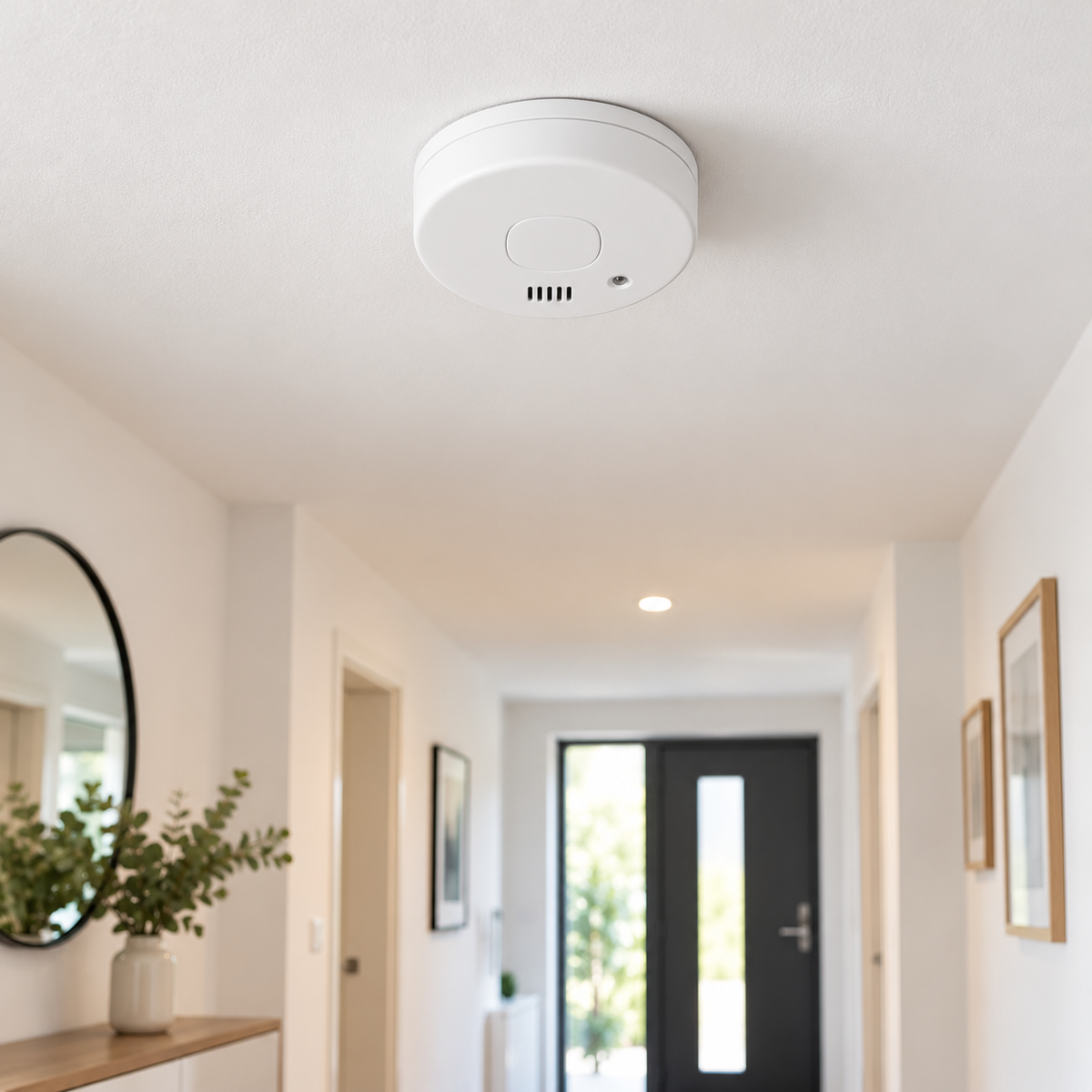 Detector de fum Smartwares montat pe tavan într-un hol