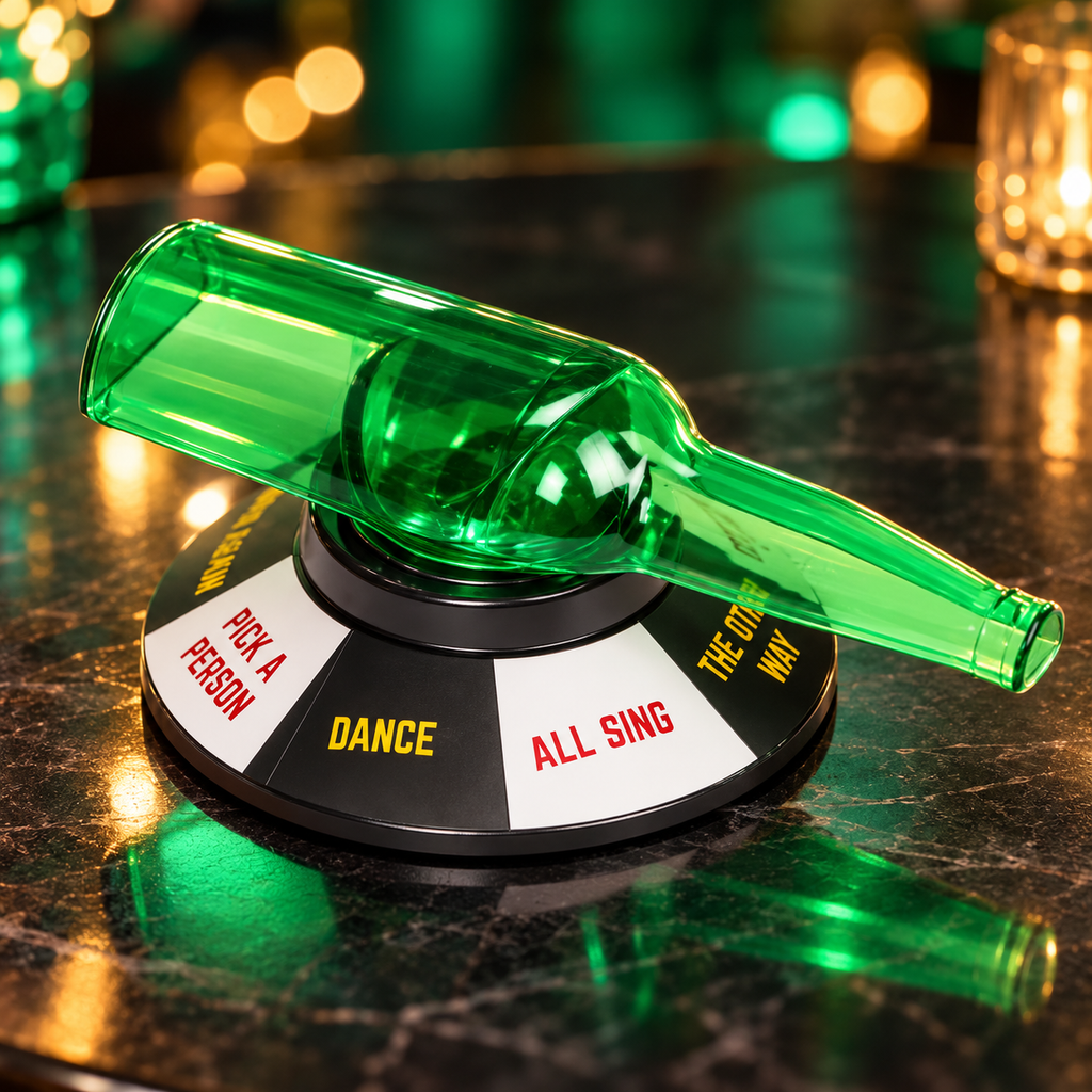 Imagine luxury pentru jocul Spin The Bottle, sticlă verde pe bază rotativă