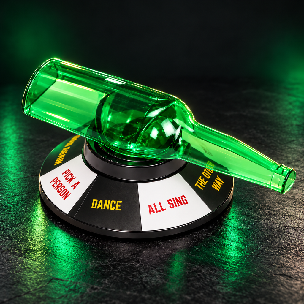 Prezentare premium cu iluminare verde pentru jocul Spin The Bottle