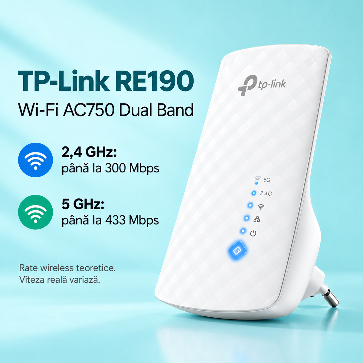 TP-Link RE190, 300 Mbps la 2,4 GHz și 433 Mbps la 5 GHz