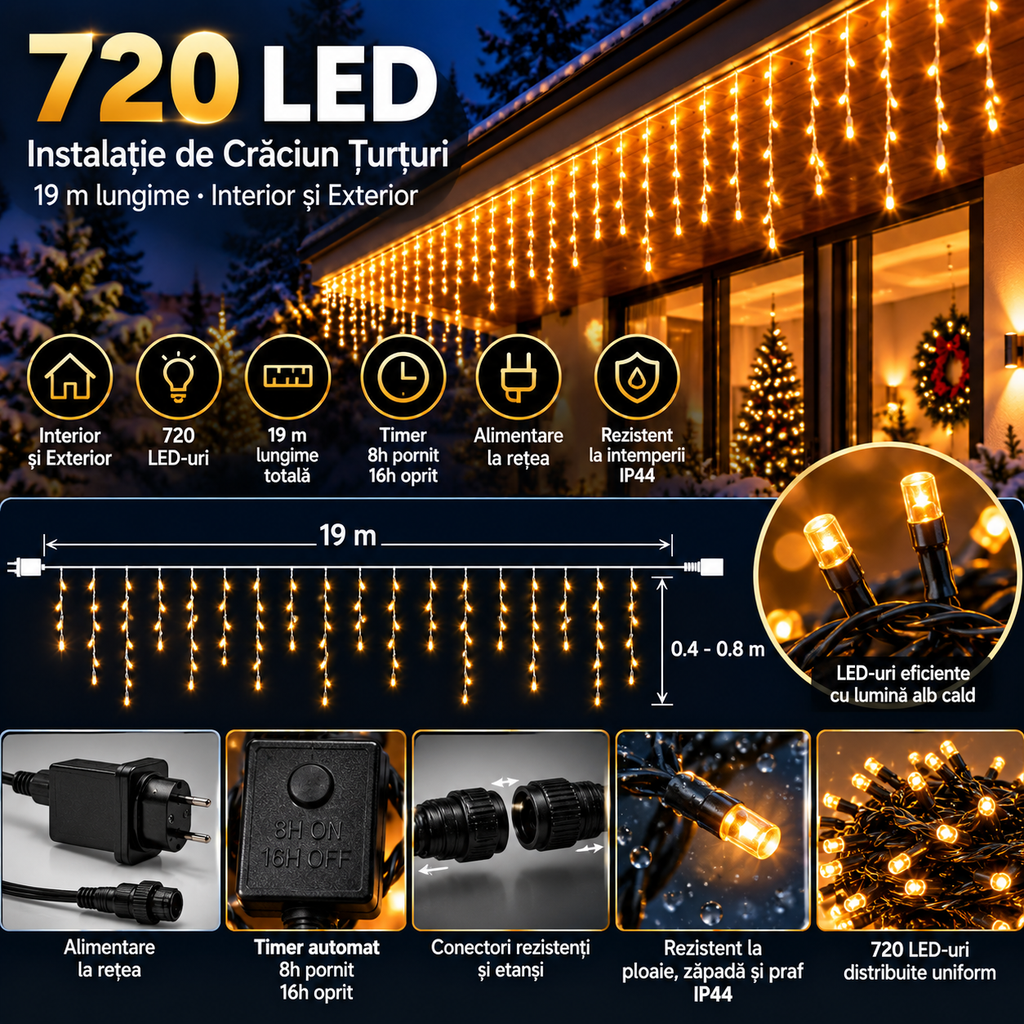 Instalație 720 LED, 19 m, timer și utilizare interior exterior