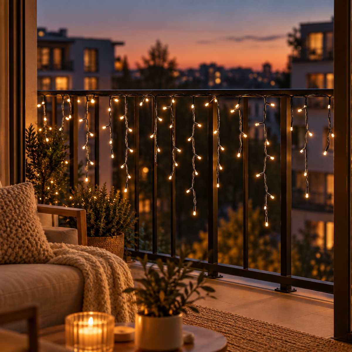 Instalație țurțuri cu lumină alb cald pe balcon