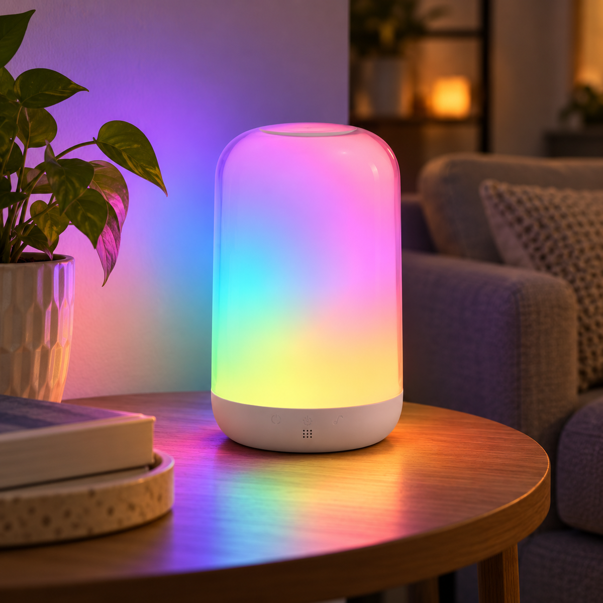 Veioză Moodlight RGBICW într-un decor de living