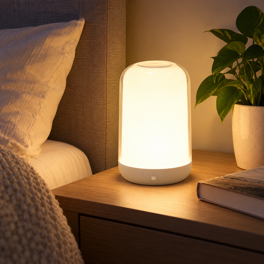 Veioză Moodlight în lumină albă caldă, lângă pat
