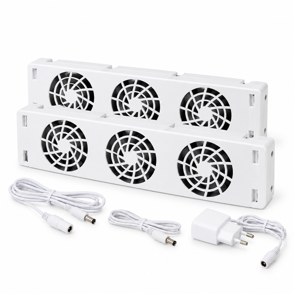 Set doua ventilatoare pentru calorifer cu adaptor, fundal alb