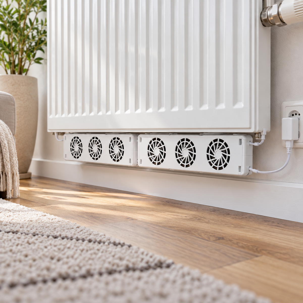 Doua ventilatoare montate sub calorifer alb