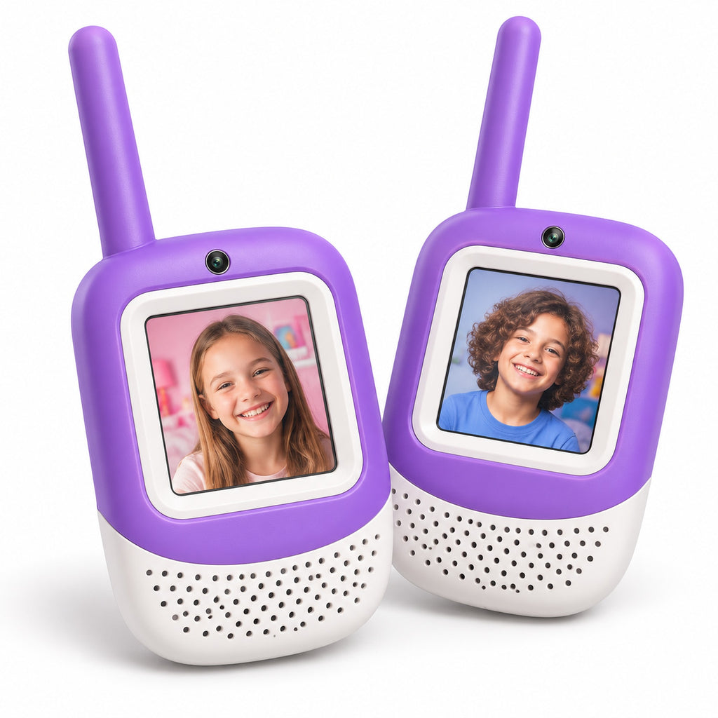 Set de două stații walkie talkie video pentru copii, varianta mov, pe fundal alb