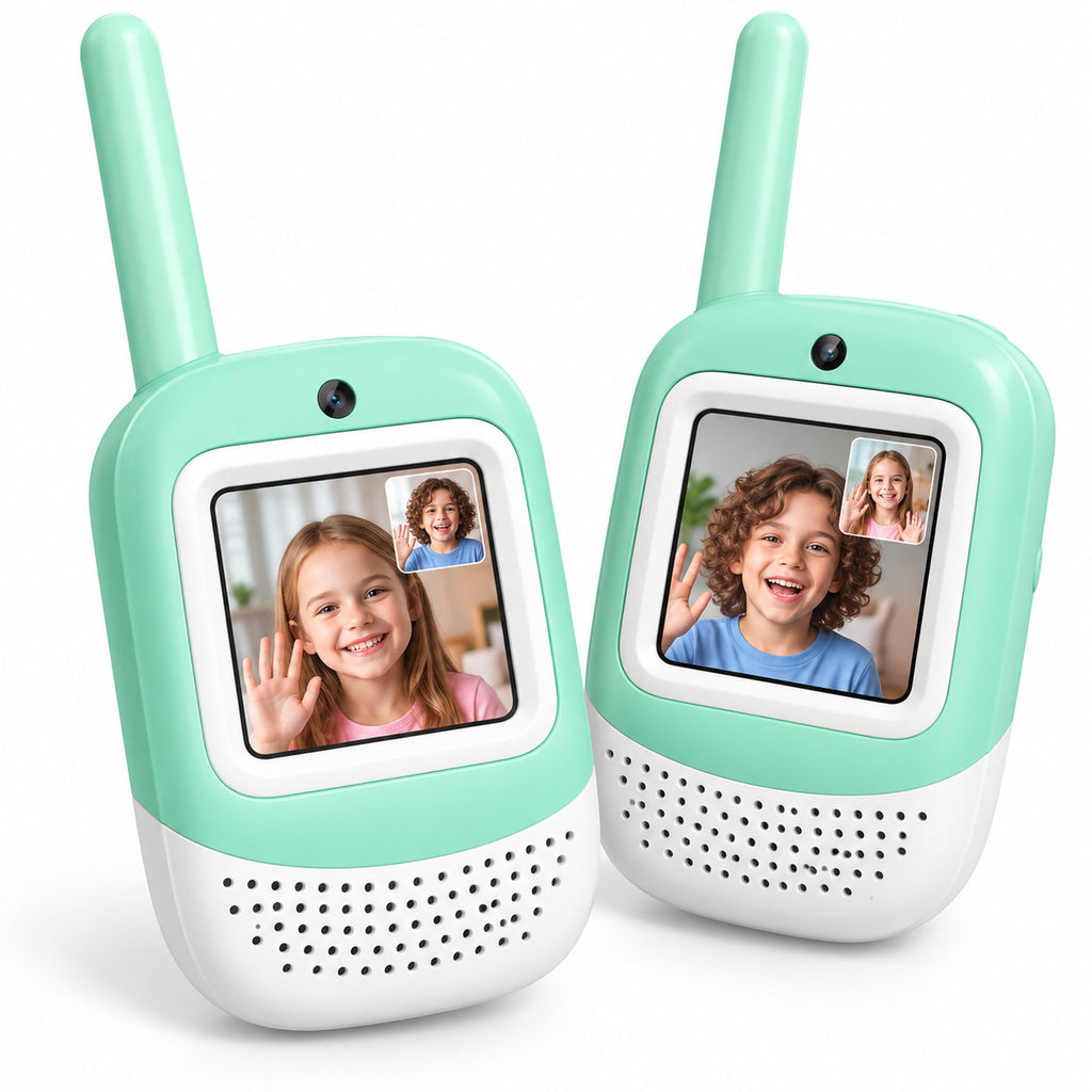Set de două stații walkie talkie video pentru copii, varianta mentă, pe fundal alb