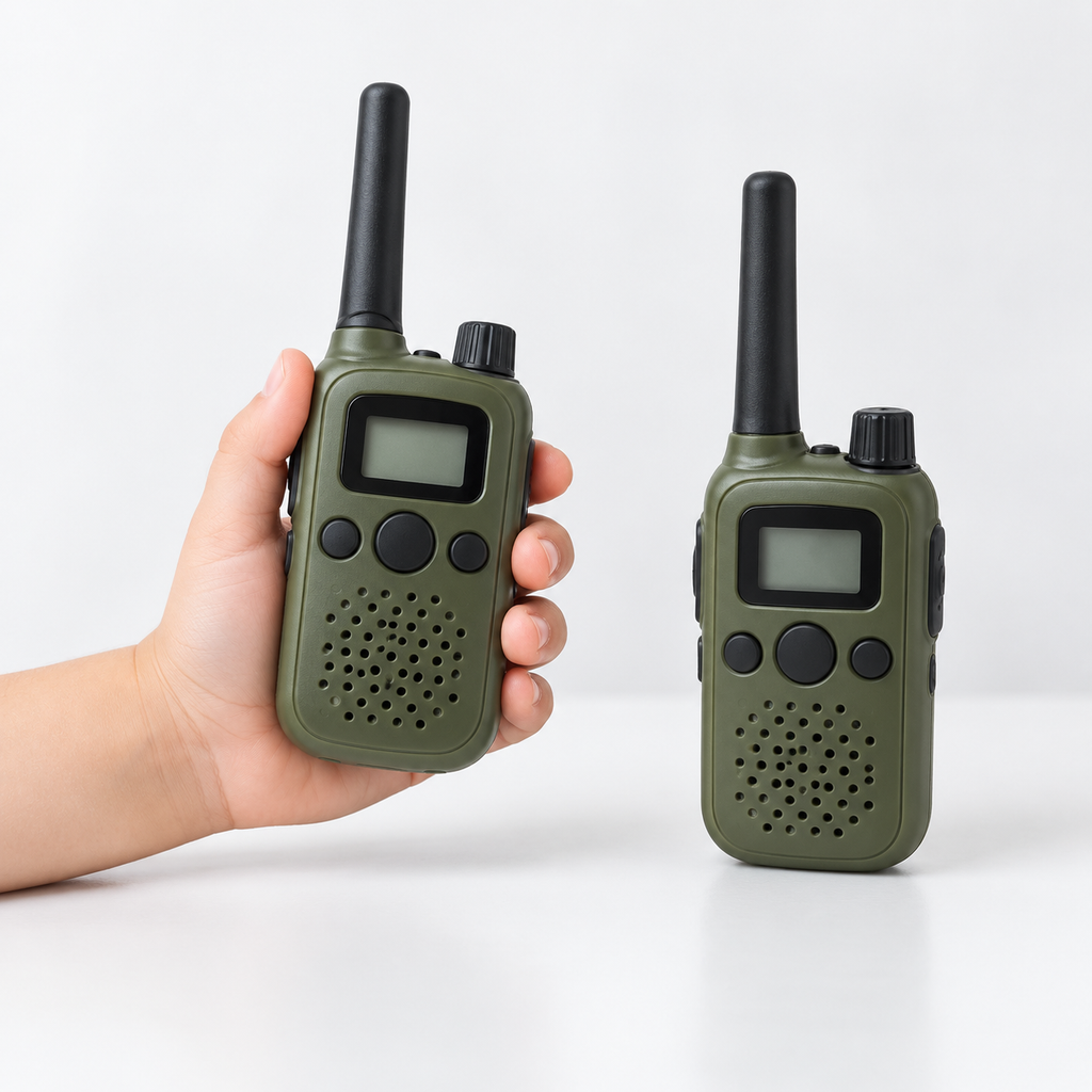Walkie-talkie S-Eye ținut în mâna unui copil pentru a arăta dimensiunea
