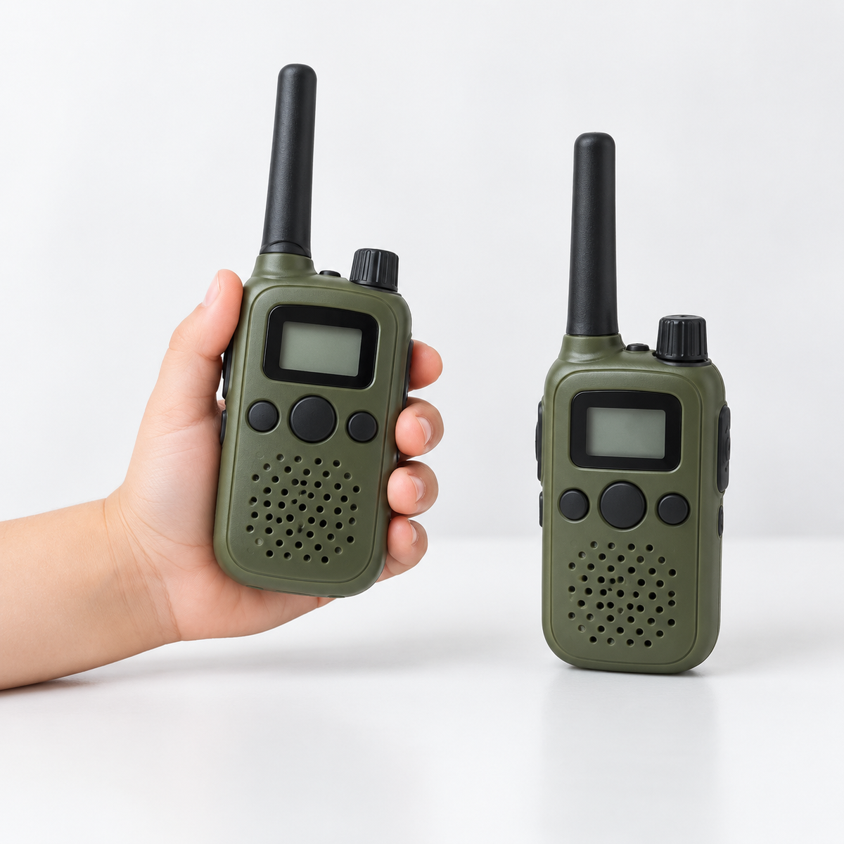 Walkie-talkie S-Eye ținut în mâna unui copil pentru a arăta dimensiunea