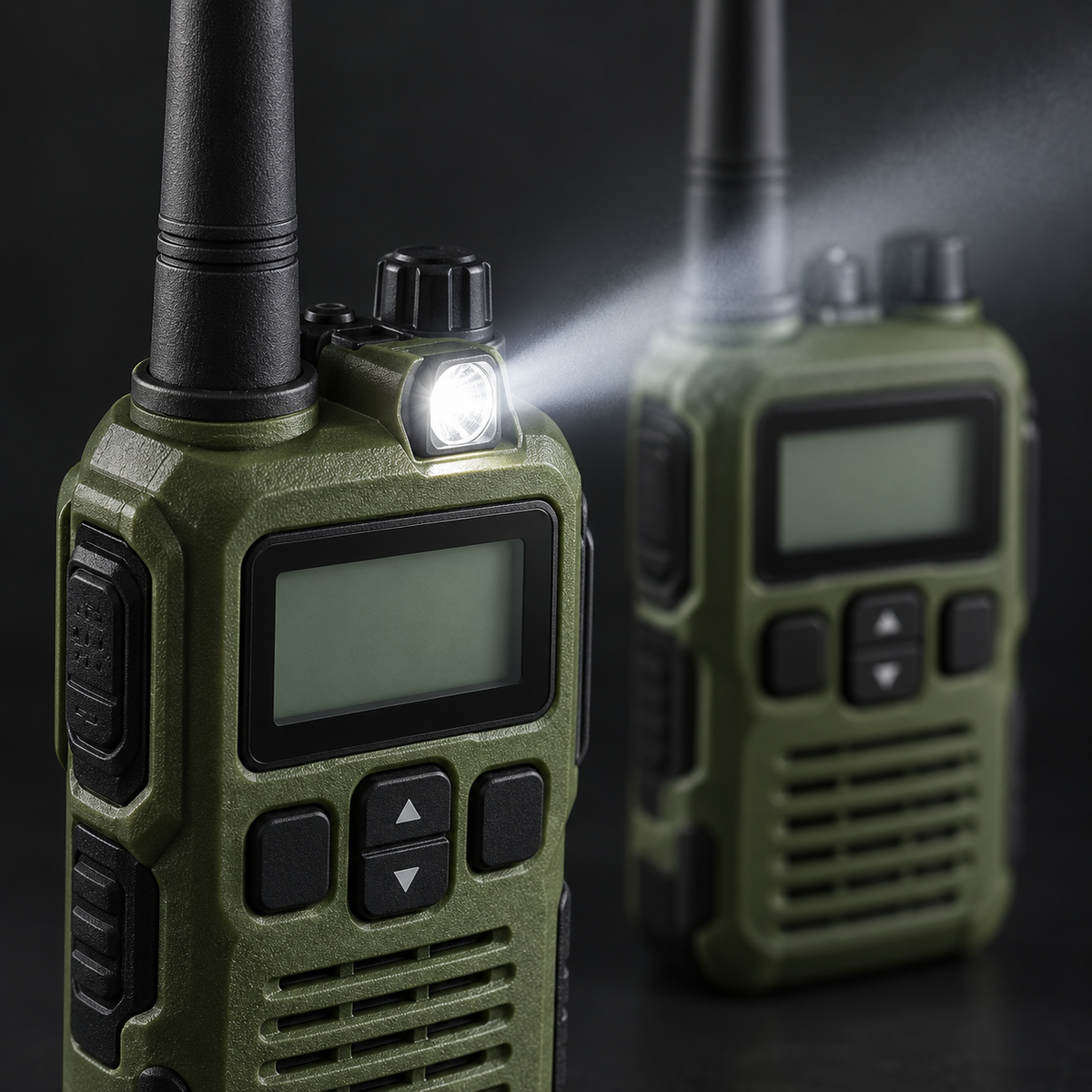 Detaliu lanternă LED integrată în walkie-talkie