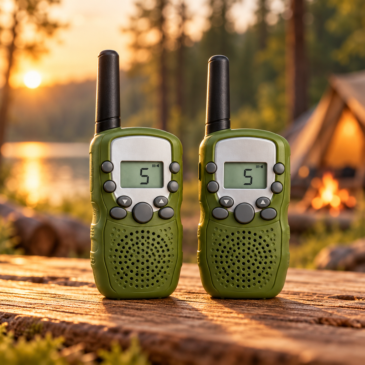 Două walkie-talkie-uri S-Eye prezentate în camping