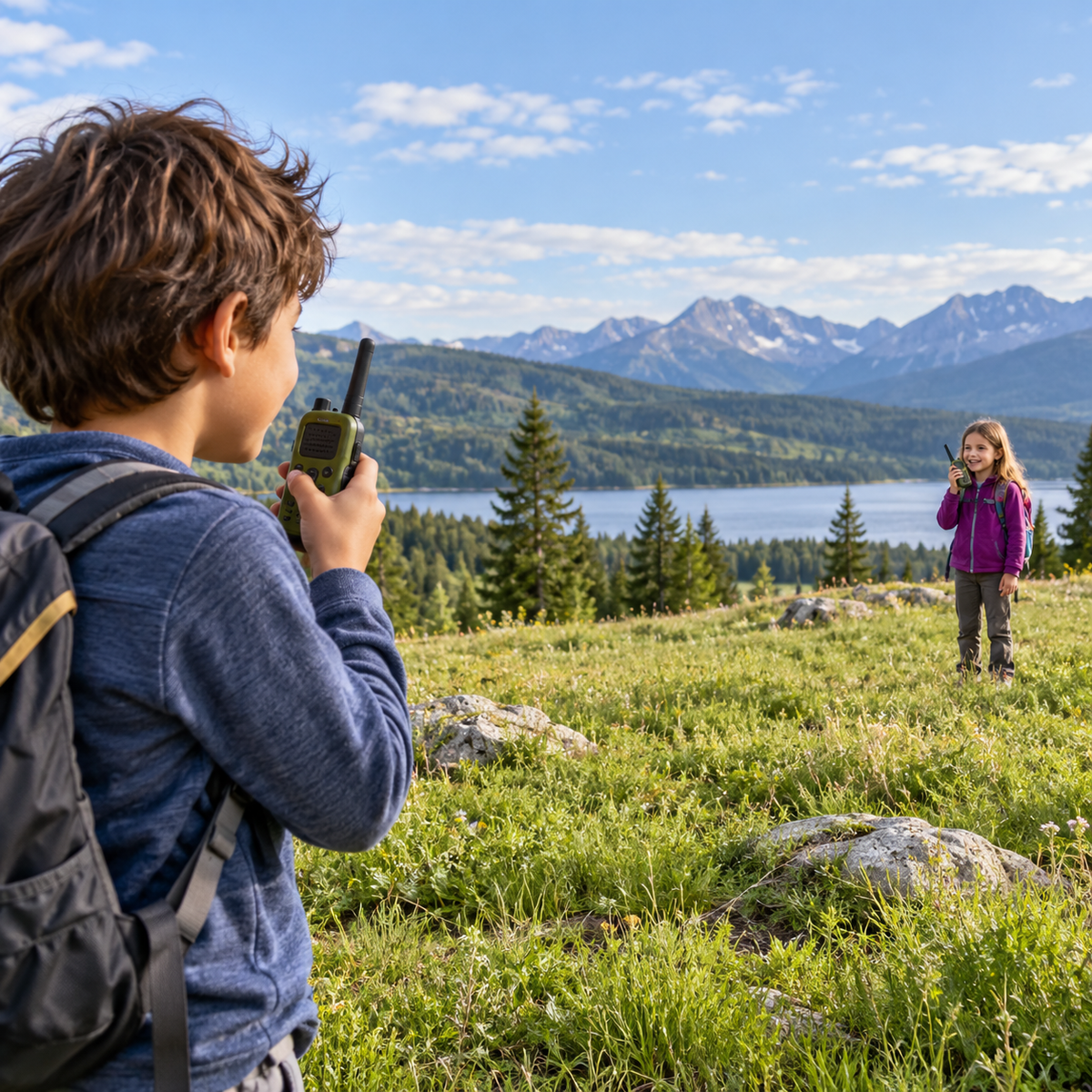 Copii folosind walkie-talkie-uri în aer liber