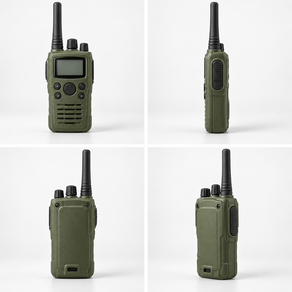 Walkie-talkie S-Eye prezentat din față, lateral și spate
