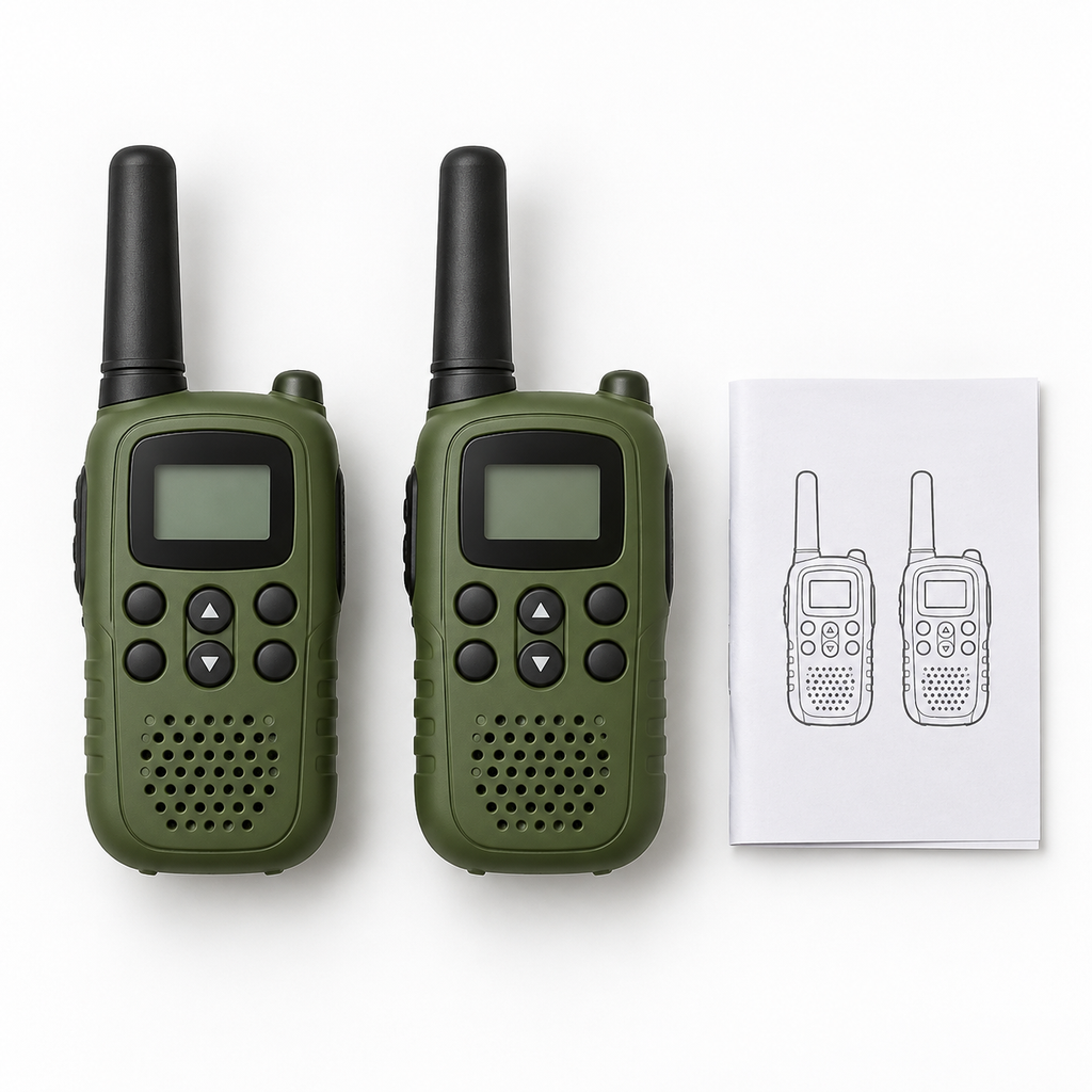Setul include două stații walkie-talkie și instrucțiuni